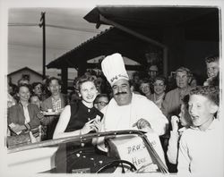 Sandra Duden and Chef Cardini at opening of Valley Mart, Sonoma, California, 1958 (Digital Object)