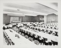 Tables set for a banquet at Petaluma Veterans Memorial Building, Petaluma, California, 1970 (Digital Object)