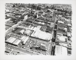 Aerial view of downtown Santa Rosa, California between B Street and Mendocino Avenue south of Fourth Street, 1963 (Digital Object)