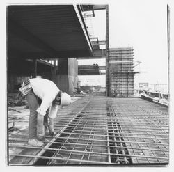 Construction worker clipping forms for the second floor in the new Exchange Bank building, 550 Fifth Street, Santa Rosa, California, 1971 (Digital Object)