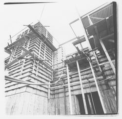 Concrete forms and concrete pumping hoses for the walls of the new Exchange Bank building, 550 Fifth Street, Santa Rosa, California, 1971 (Digital Object)