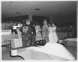 Miss Sonoma County and Miss America bowling at the Rose Bowl, Santa Rosa, California, 1959 (Digital Object)