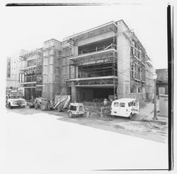 Scaffolding and construction equipment on the site of the new Exchange Bank building, 550 Fifth Street, Santa Rosa, California, 1971 (Digital Object)