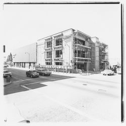 Scaffolding on the walls of the new Exchange Bank building, 550 Fifth Street, Santa Rosa, California, 1971 (Digital Object)
