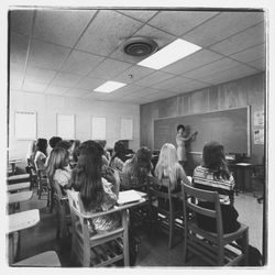 Mrs. Lillian Gorwig teaching shorthand in a classroom scene at Luther Burbank College of Commerce, Santa Rosa, California, 1971 (Digital Object)