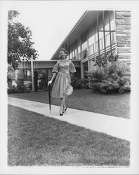 Chonne Patton, Miss Sonoma County, wearing a pumpkin silk dress from Honolulu with a velvet beret to match, Santa Rosa, California, 1959 (Digital Object)