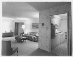 Living rooms of Saint Francis Acres model homes, Santa Rosa, California, 1958 (Digital Object)