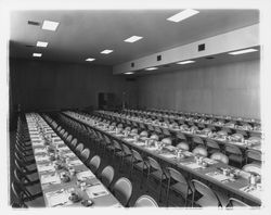 Tables set for a banquet at Petaluma Veterans Memorial Building, Petaluma, California, 1970 (Digital Object)