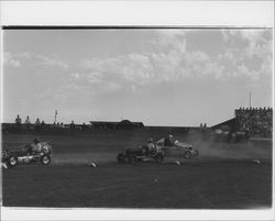 Wrecked racing car of Jimmie Brucker at Di Grazia Motordrome, Santa Rosa, California, 1939 (Digital Object)