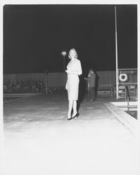 Chonne Patton models a dress in the Aqua Varieties fashion show at the Swim Center, Santa Rosa, California, 1959 (Digital Object)