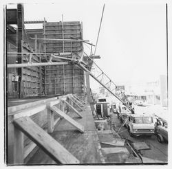 Crane and concrete forms on the site of the new Exchange Bank building, 550 Fifth Street, Santa Rosa, California, 1971 (Digital Object)