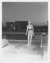 Coordinated leisure pants and sleeveless blouse modeled at Sword of Hope fashion show at the Flamingo Hotel, Santa Rosa, California, June 18, 1960 (Digital Object)