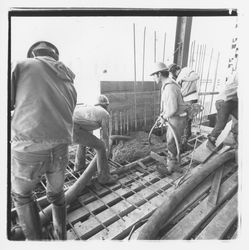 Construction workers pumping concrete into forms for the second floor in the new Exchange Bank building, 550 Fifth Street, Santa Rosa, California, 1971 (Digital Object)