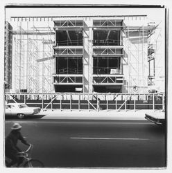 Scaffolding on the Fourth Street wall of the new Exchange Bank building, 550 Fifth Street, Santa Rosa, California, 1971 (Digital Object)