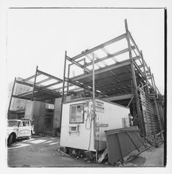 Christensen and Foster mobile office and girders of the new Exchange Bank building, 550 Fourth Street, Santa Rosa, California, 1971 (Digital Object)