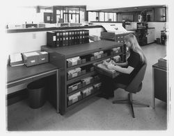 Exchange Bank staff member works at a file cabinet at the Coddingtown office of the Exchange Bank, Santa Rosa, California, 1972 (Digital Object)