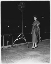 Wool jacket, skirt and fox stole modeled in the Aqua Varieties fashion show at the Swim Center, Santa Rosa, California, 1959 (Digital Object)