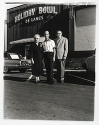 Melvin S. and Flora Ann Cobb with an unidentified man in front of Holiday Bowl, Santa Rosa, California, 1959 (Digital Object)