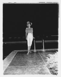 Fringed of-the-shoulder top and capris modeled at the Sword of Hope fashion show at the Flamingo Hotel, Santa Rosa, California, June 18, 1960 (Digital Object)