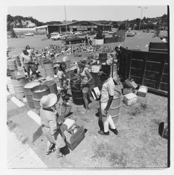 Glass sorting barrels and workers at the Recycling Center, Santa Rosa, California, 1971 (Digital Object)